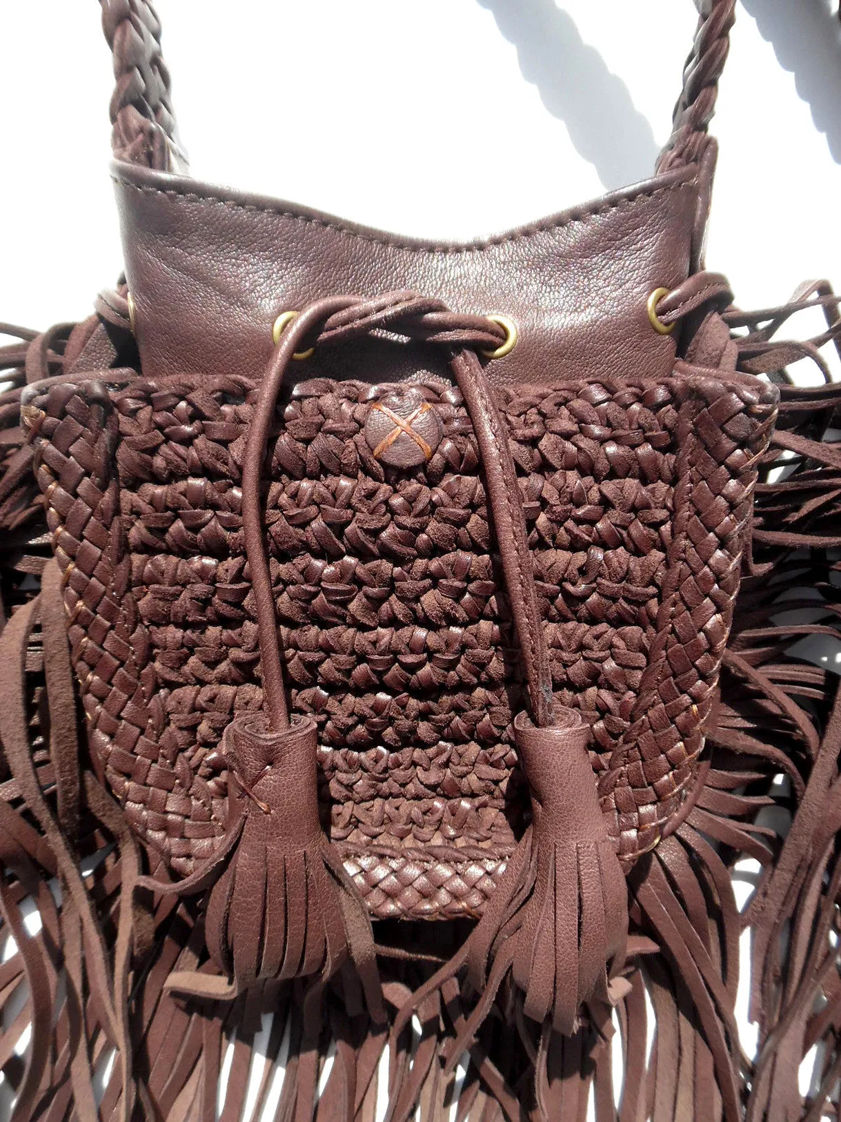 Tricot Woven Leather Crossbody Hobo Drawstring Bag with Fringe