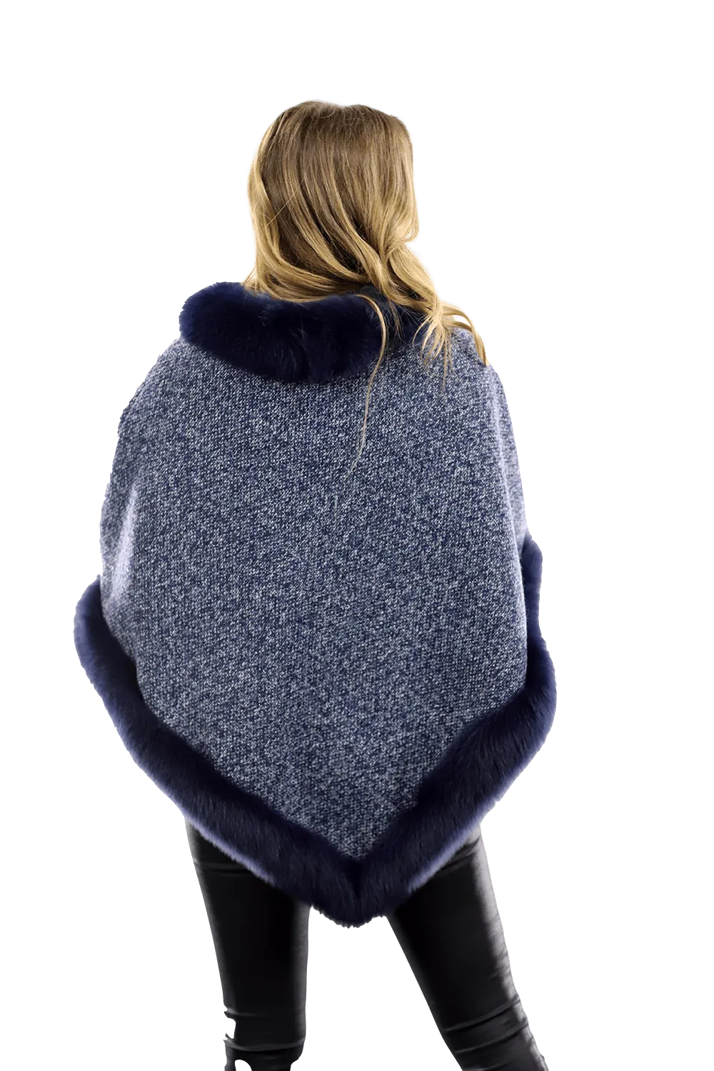 Tweed Poncho with Fur Trim - Navy