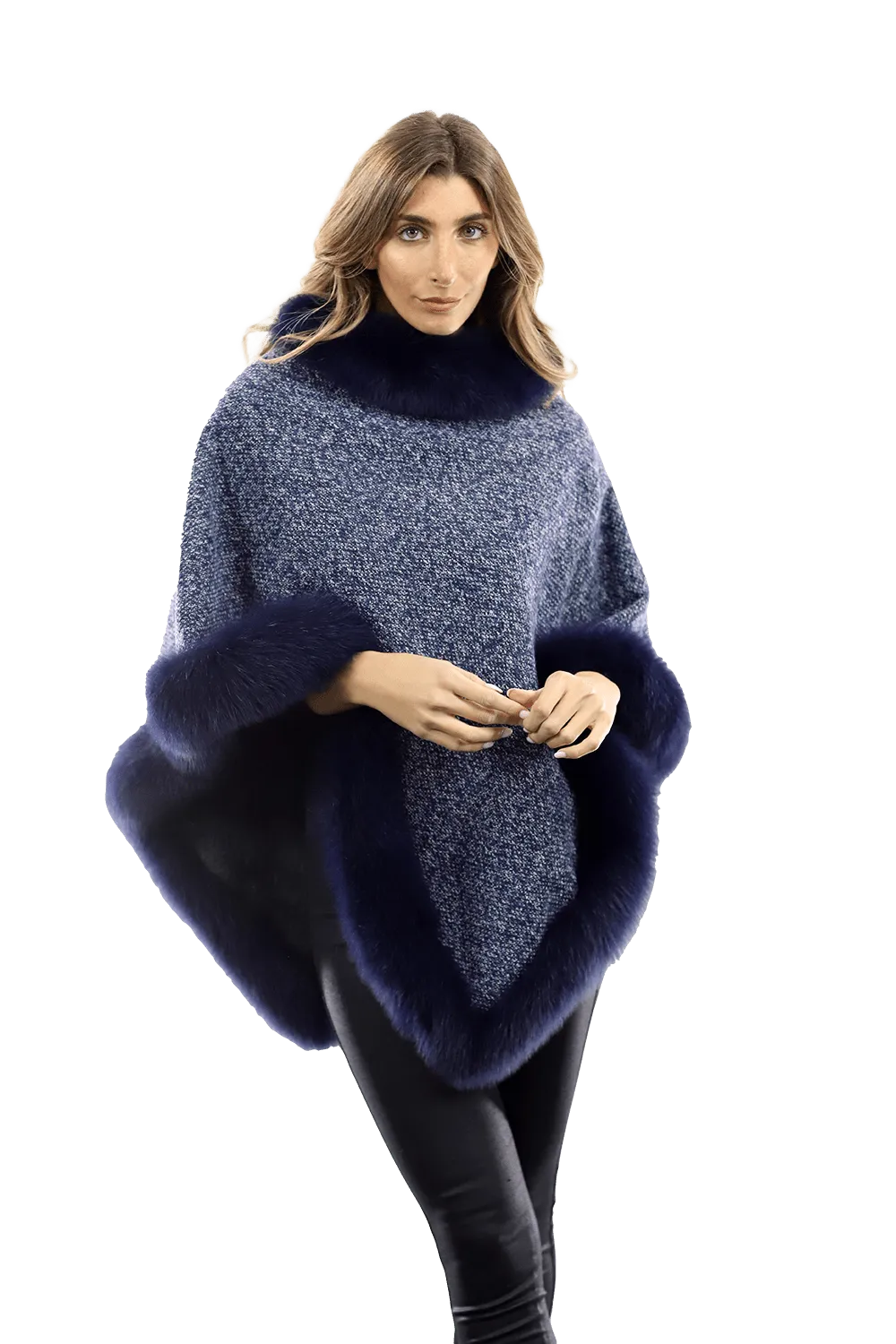 Tweed Poncho with Fur Trim - Navy