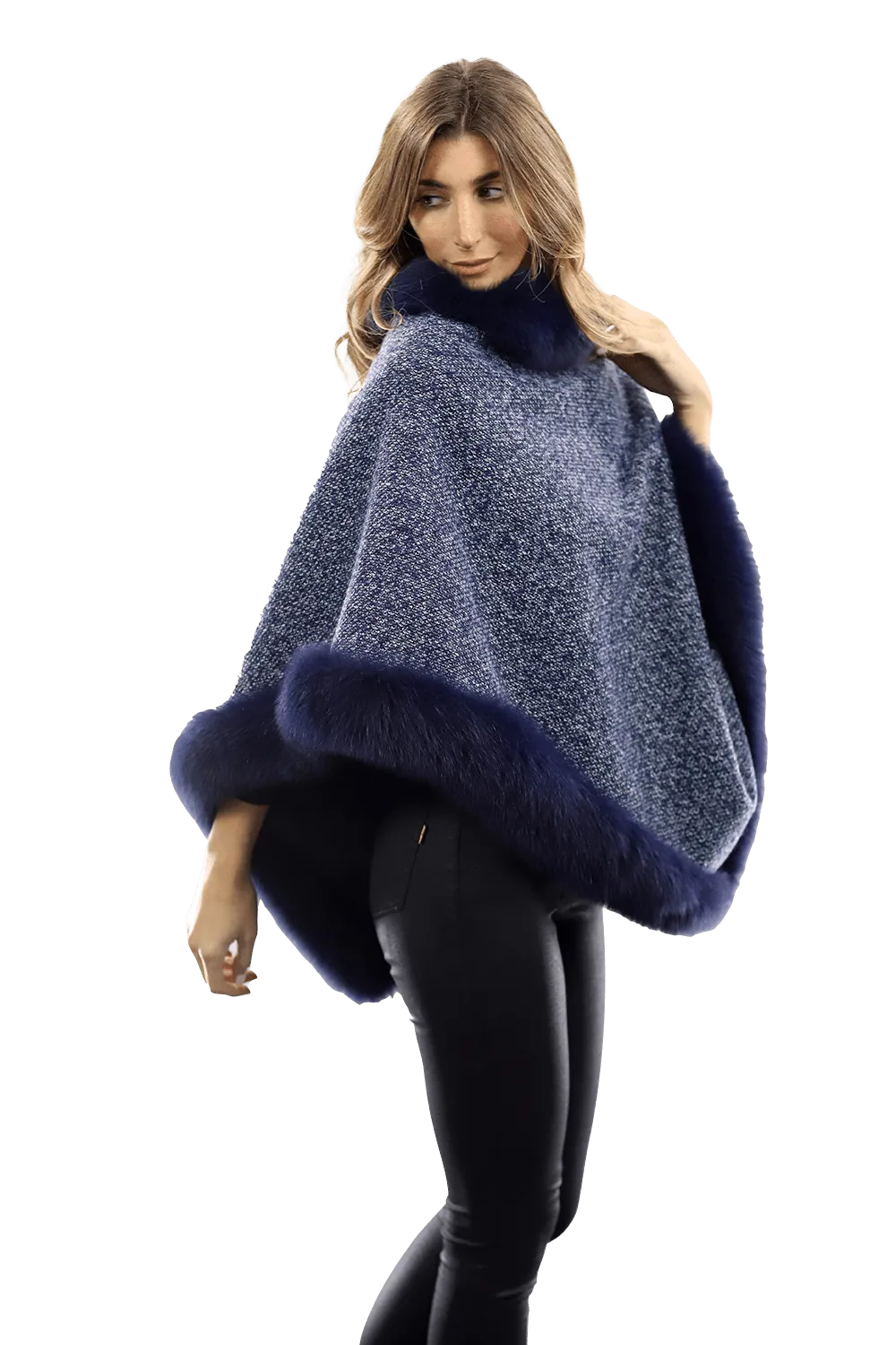 Tweed Poncho with Fur Trim - Navy