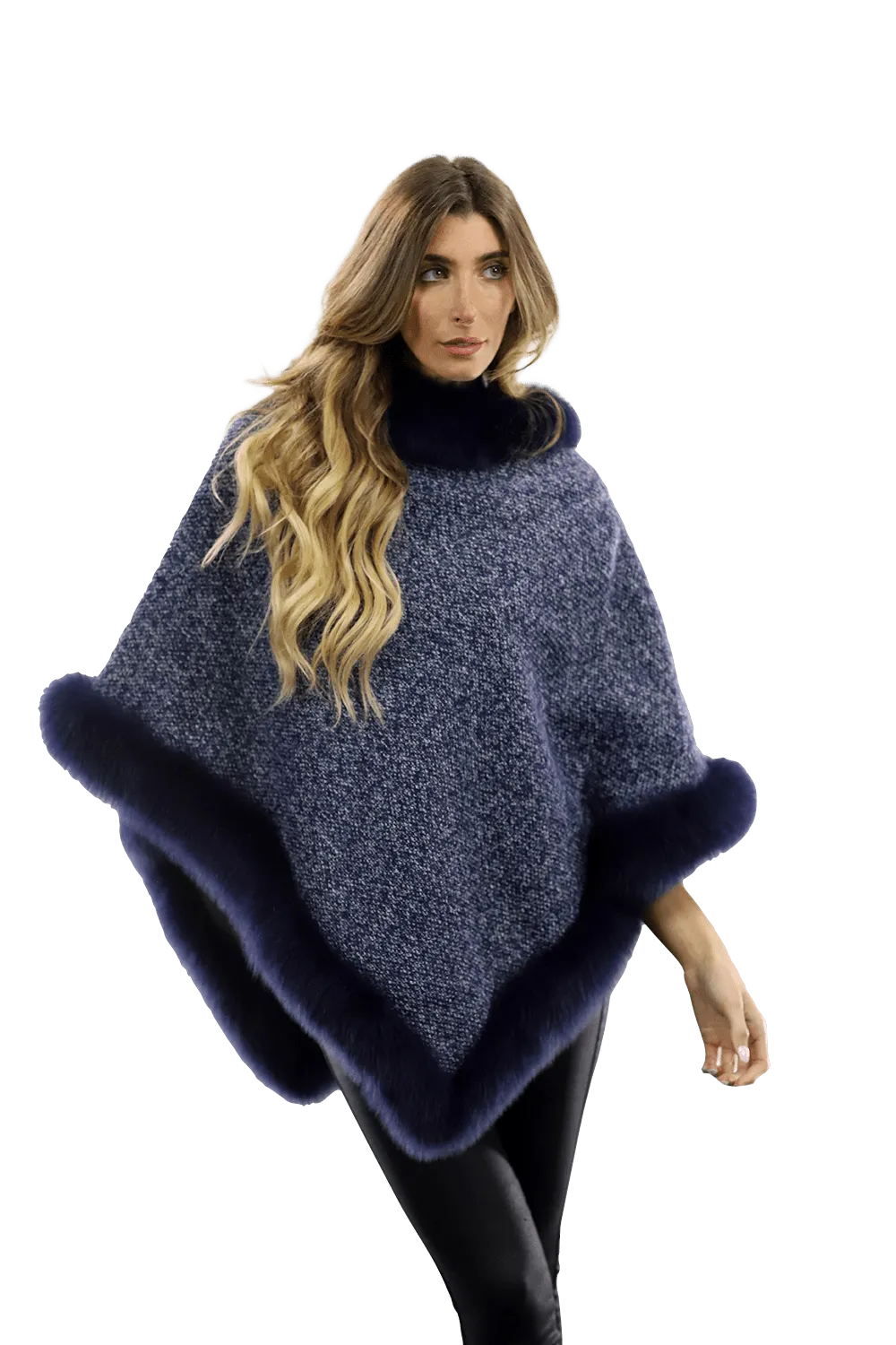 Tweed Poncho with Fur Trim - Navy