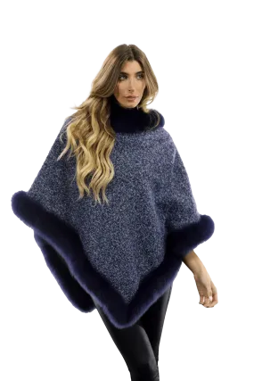 Tweed Poncho with Fur Trim - Navy