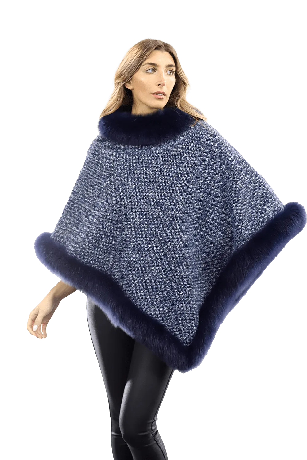 Tweed Poncho with Fur Trim - Navy