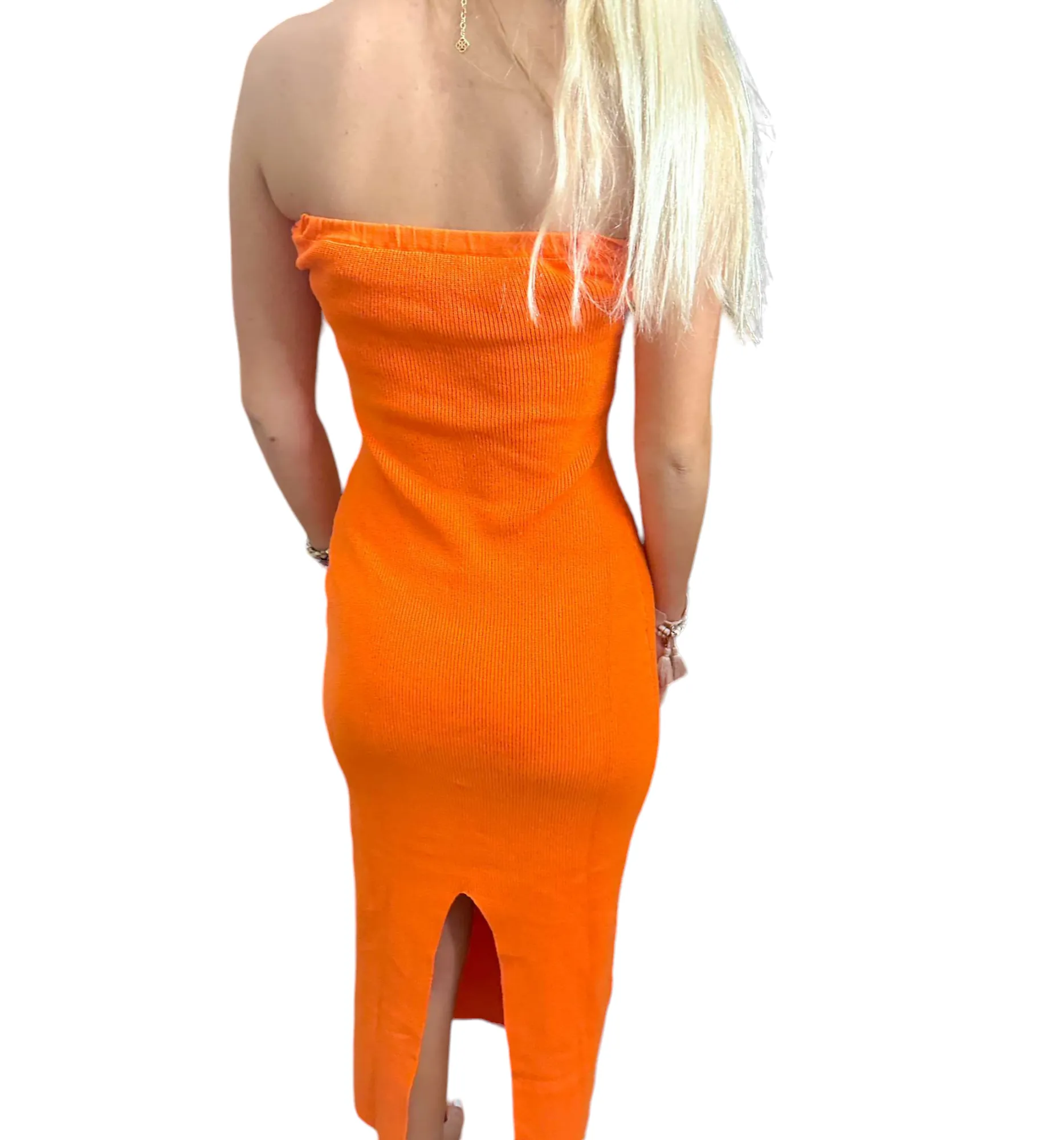 Twist Front Bow Strapless Sweater Dress in Vibrant Orange