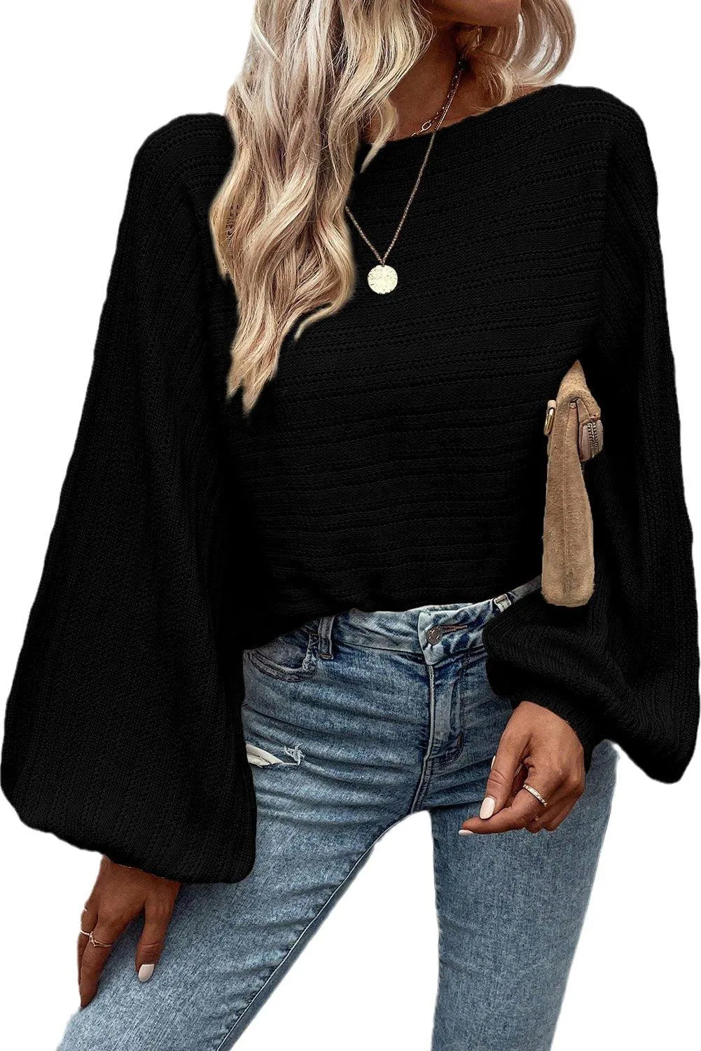 Victoria Black Lantern Sleeve Knit Sweater