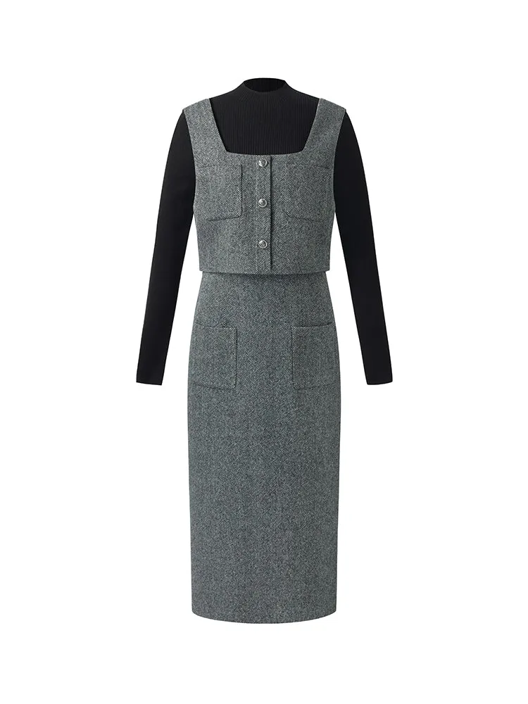 Washable Wool Vest Midi Dress And Knit Top Two-Piece Set