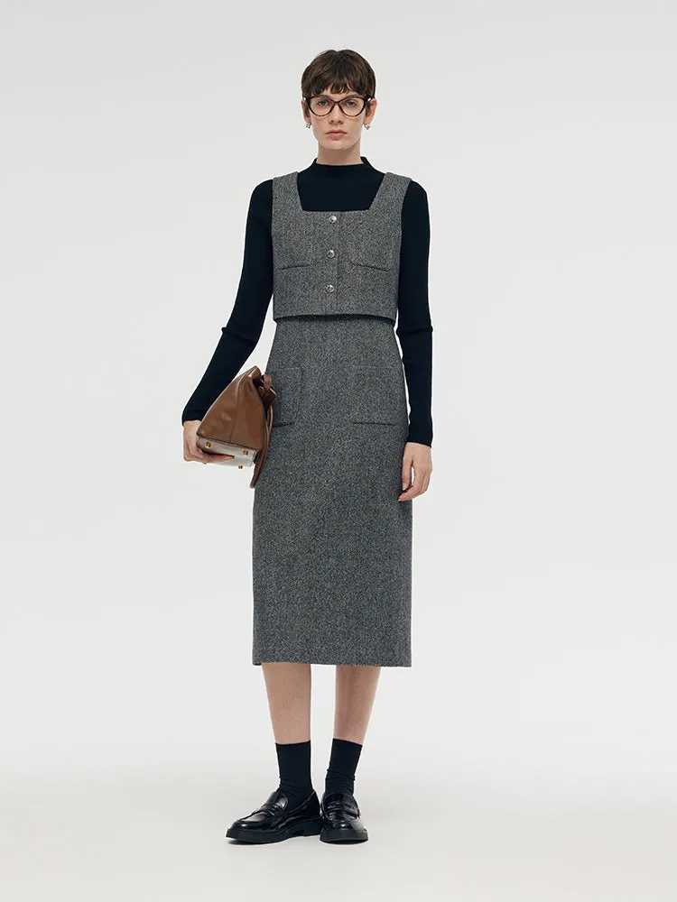 Washable Wool Vest Midi Dress And Knit Top Two-Piece Set