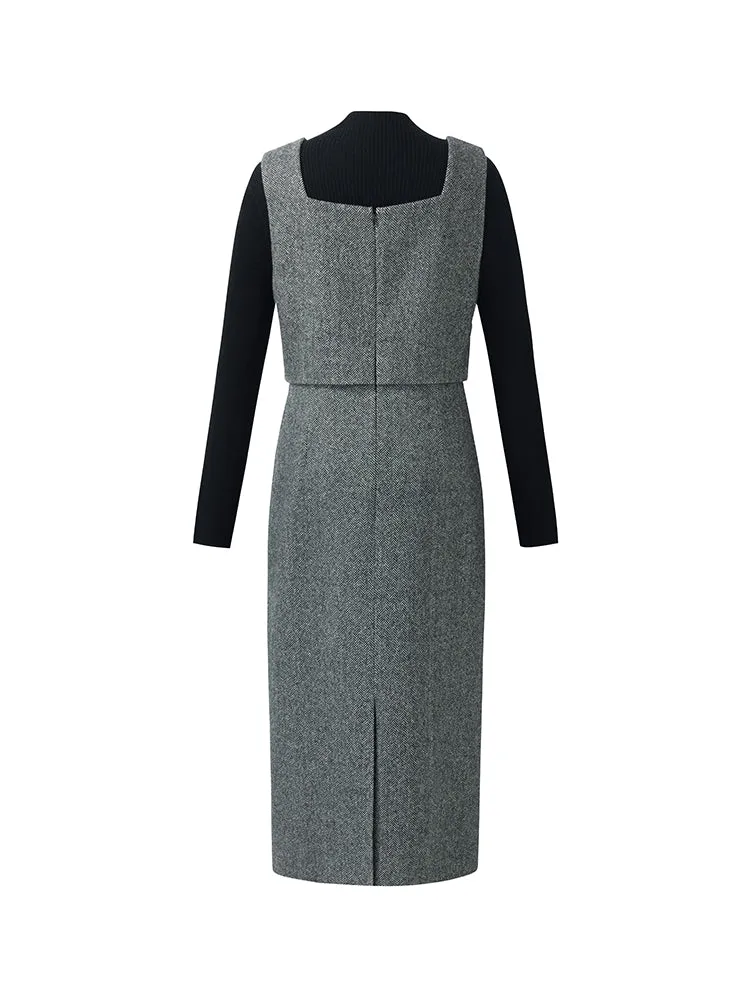 Washable Wool Vest Midi Dress And Knit Top Two-Piece Set