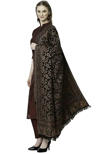 Weavers Villa Women's Pashmina Wool Kani Weave Shawls, Wraps [Size: 40" X 80"] Black