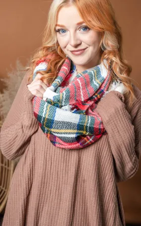 Winter Red/Ivory/Green Plaid Infinity Scarf - Final Sale