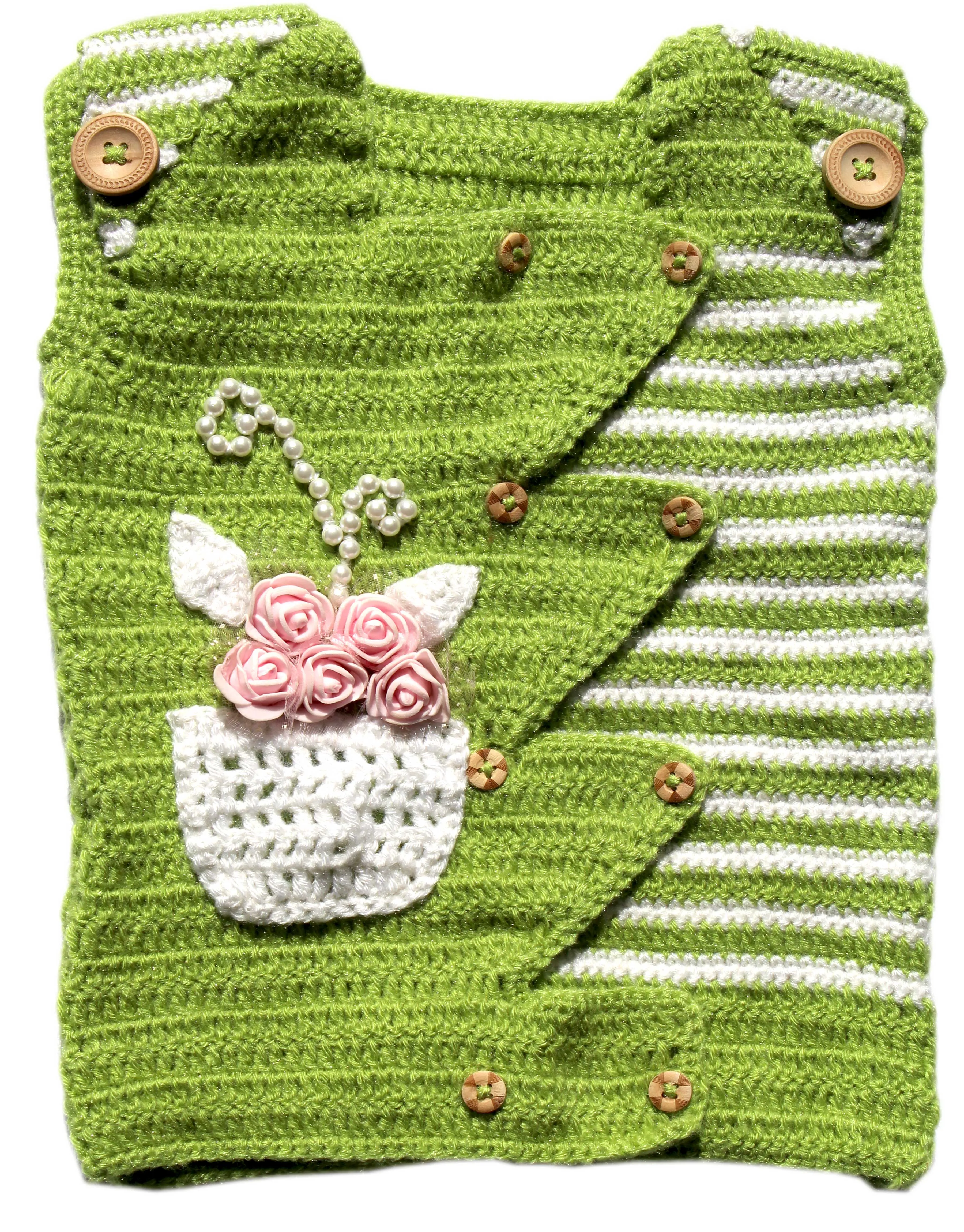 Winter Season Latest Crochet Handmade Design Top Cardigan With Pant For Baby Girl- Lime Green