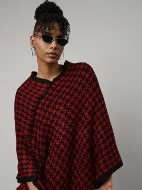 Women Geometric Red Longline Poncho