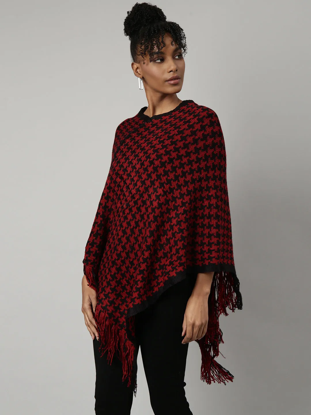 Women Geometric Red Longline Poncho