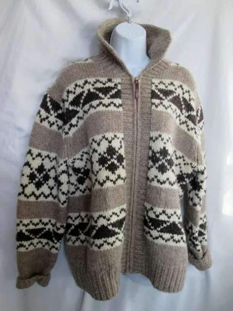 Womens CALVIN KLEIN NORDIC Fair Isles Wool Knit Sweater Cardigan Ethnic L BROWN WHITE