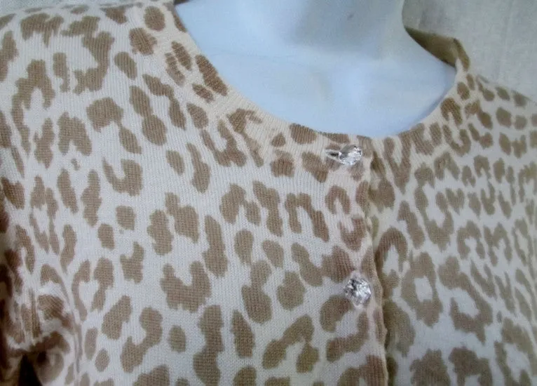 Womens Ladies J. CREW Cardigan Sweater LEOPARD PANTHER S BEIGE WHITE