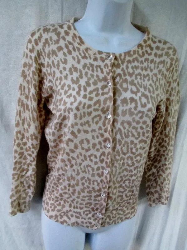 Womens Ladies J. CREW Cardigan Sweater LEOPARD PANTHER S BEIGE WHITE