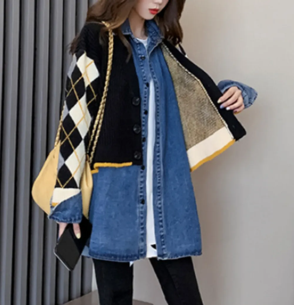 Womens Layered Look Cardigan with Denim Shirt Dress