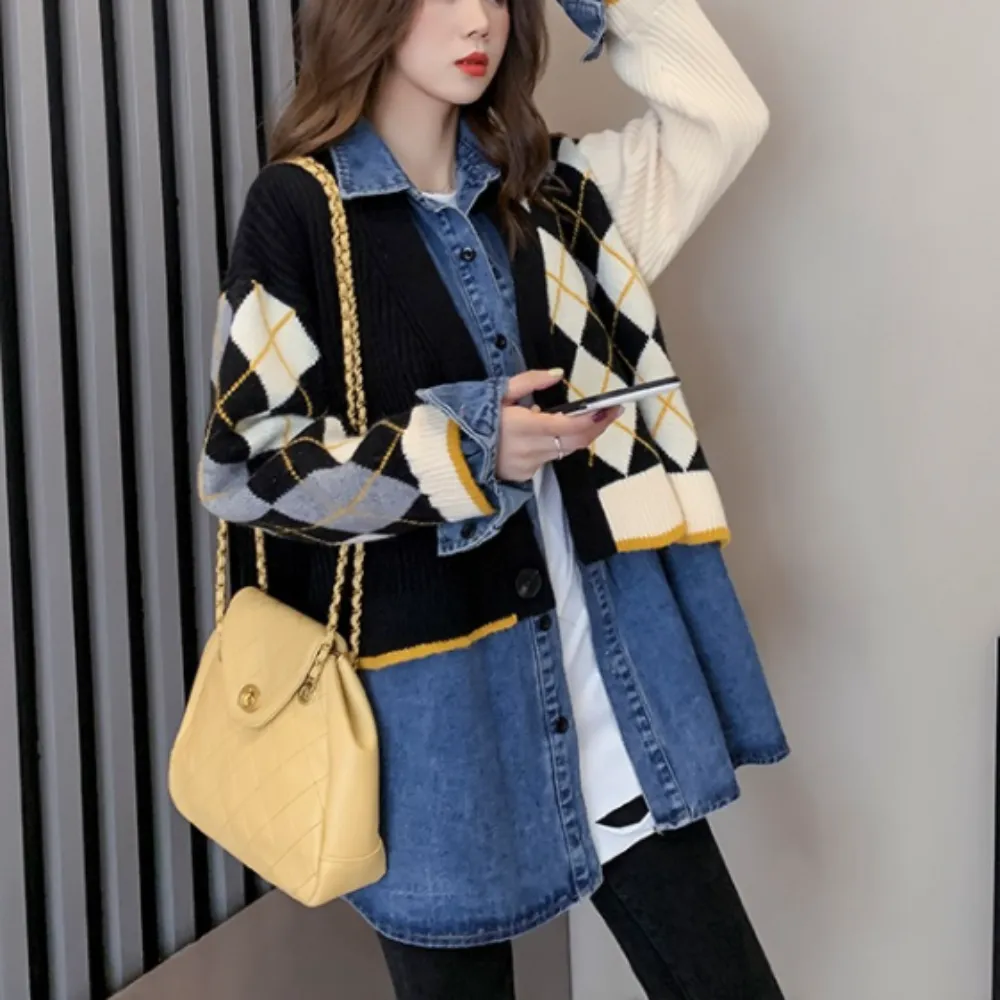 Womens Layered Look Cardigan with Denim Shirt Dress