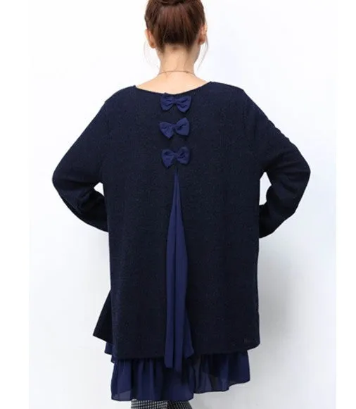 Womens Layered Tunic Sweater Dress with Frill Trim in Navy