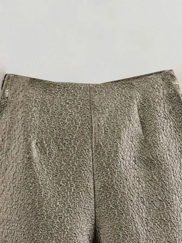 Women's metallic shiny knotted pleated shorts