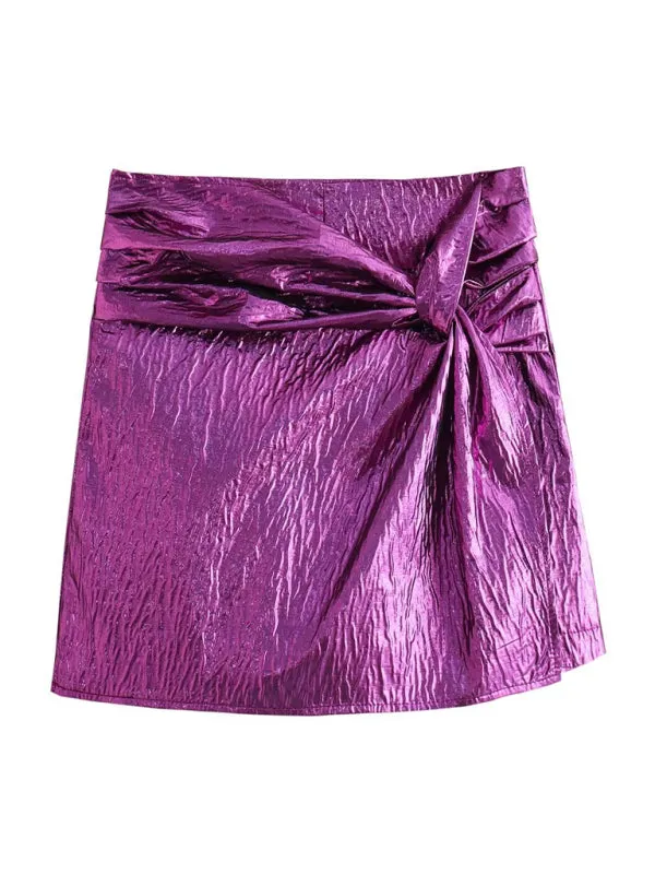 Women's metallic shiny knotted pleated shorts