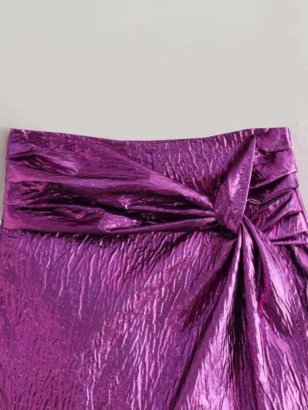 Women's metallic shiny knotted pleated shorts