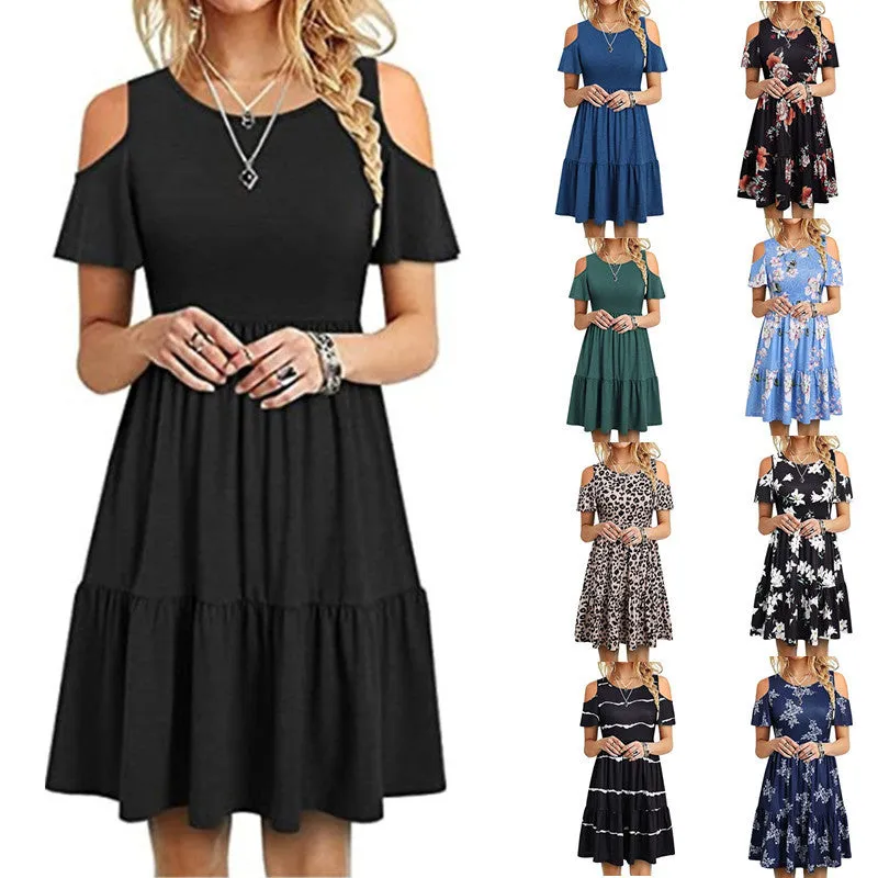 Women's Off Shoulder Short Sleeve Ruffle Pleated Casual Dress