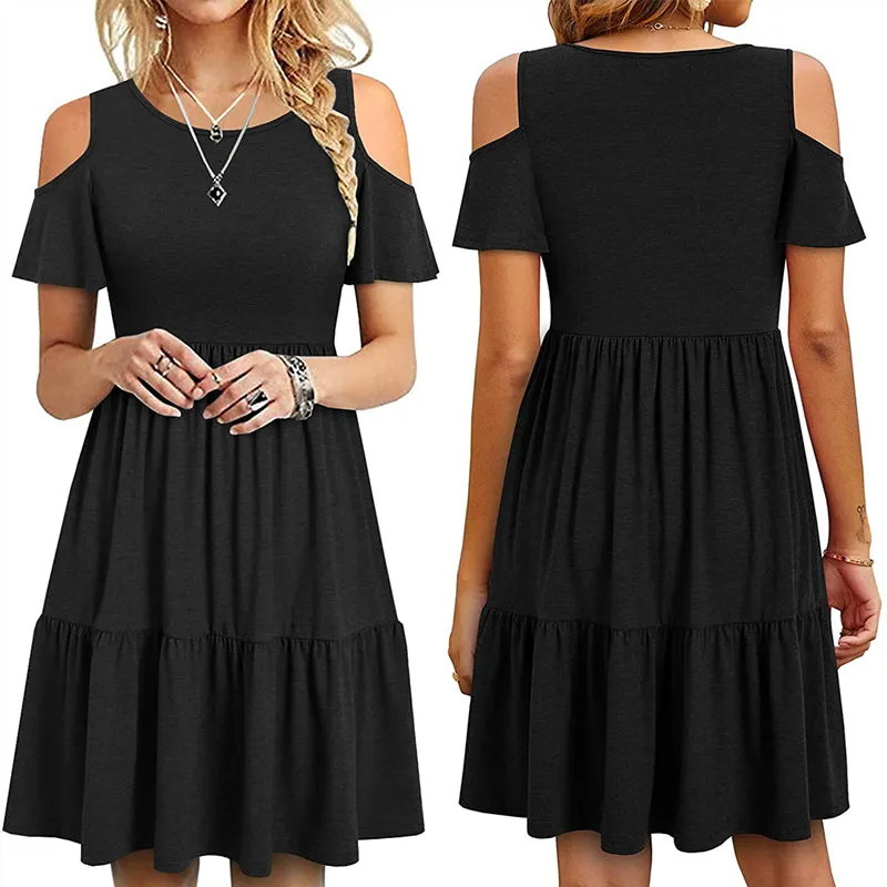 Women's Off Shoulder Short Sleeve Ruffle Pleated Casual Dress