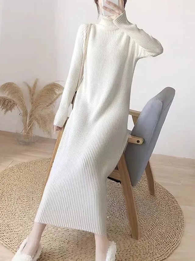 Women's Turtleneck Long Sleeve Sweater Midi Dress