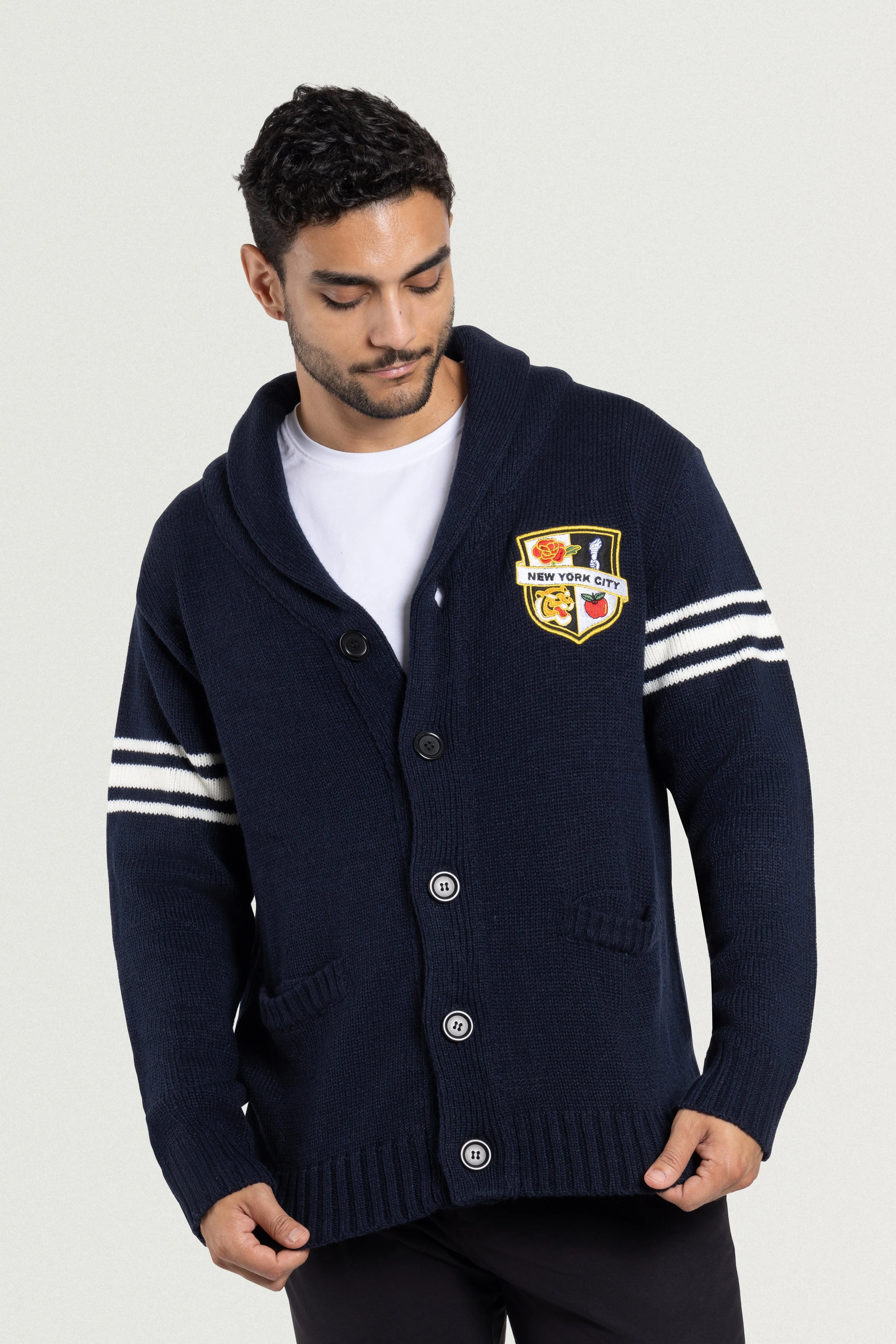 X RAY Men's Shawl Collar Heavy Gauge Cardigan With City Patch