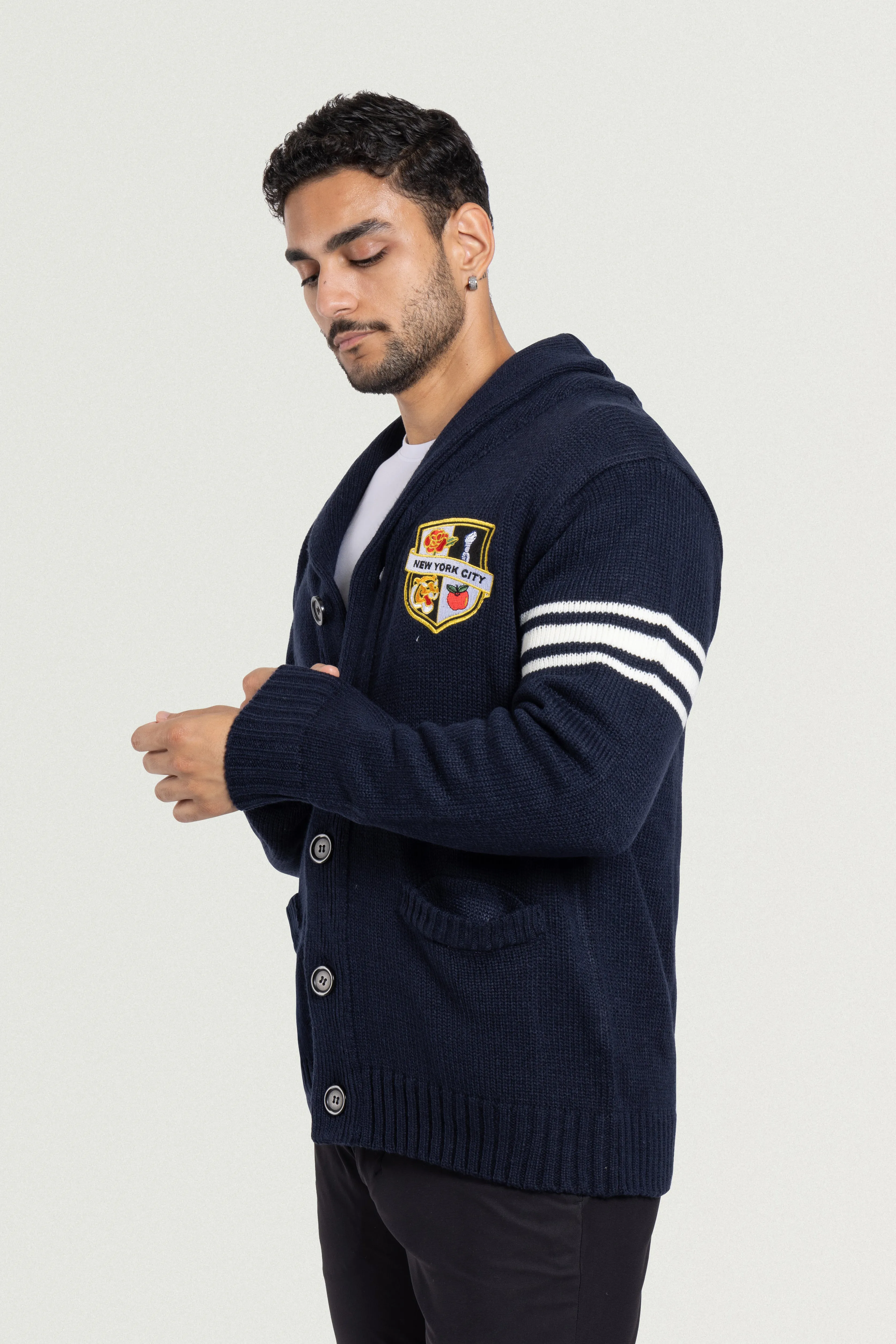 X RAY Men's Shawl Collar Heavy Gauge Cardigan With City Patch