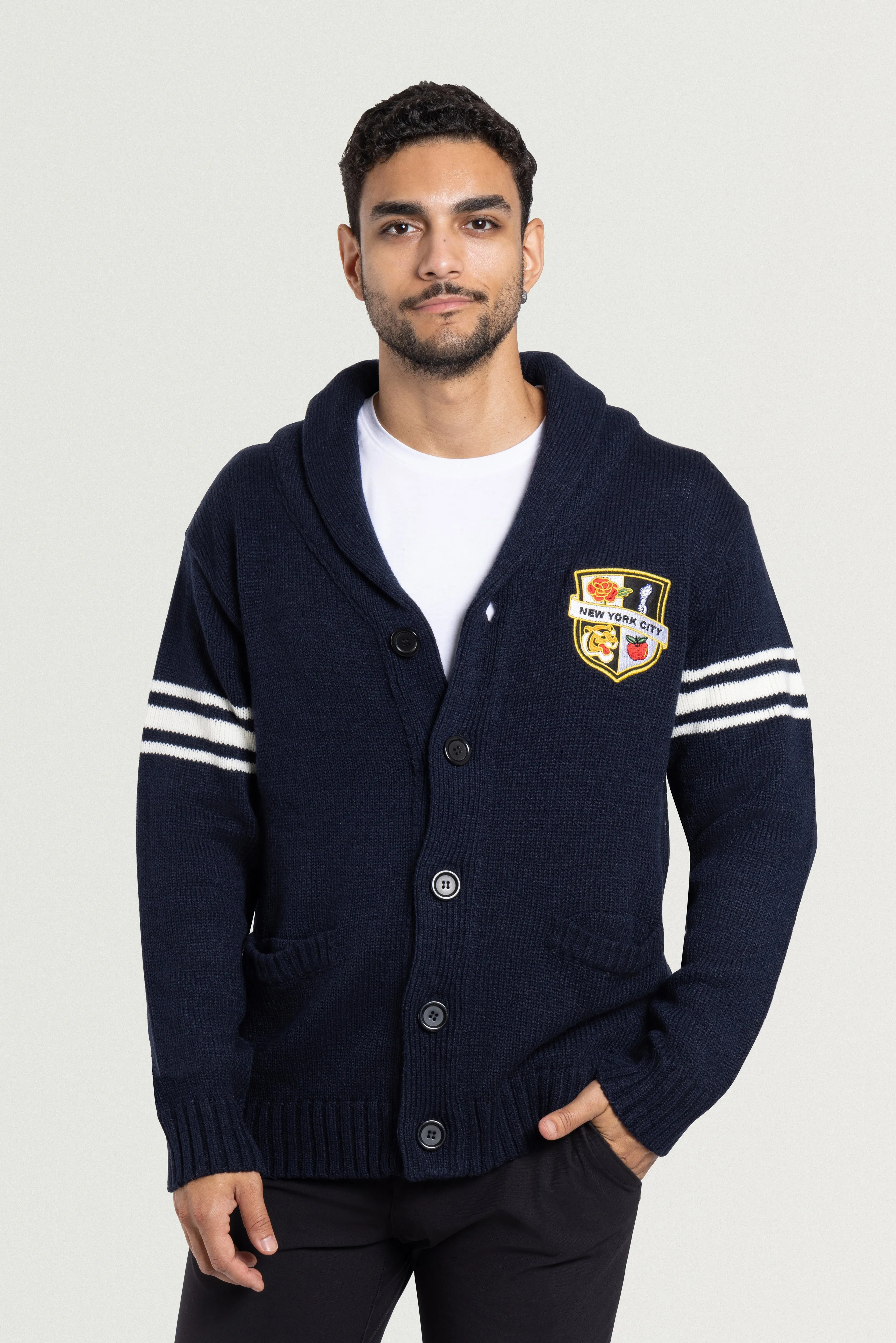 X RAY Men's Shawl Collar Heavy Gauge Cardigan With City Patch