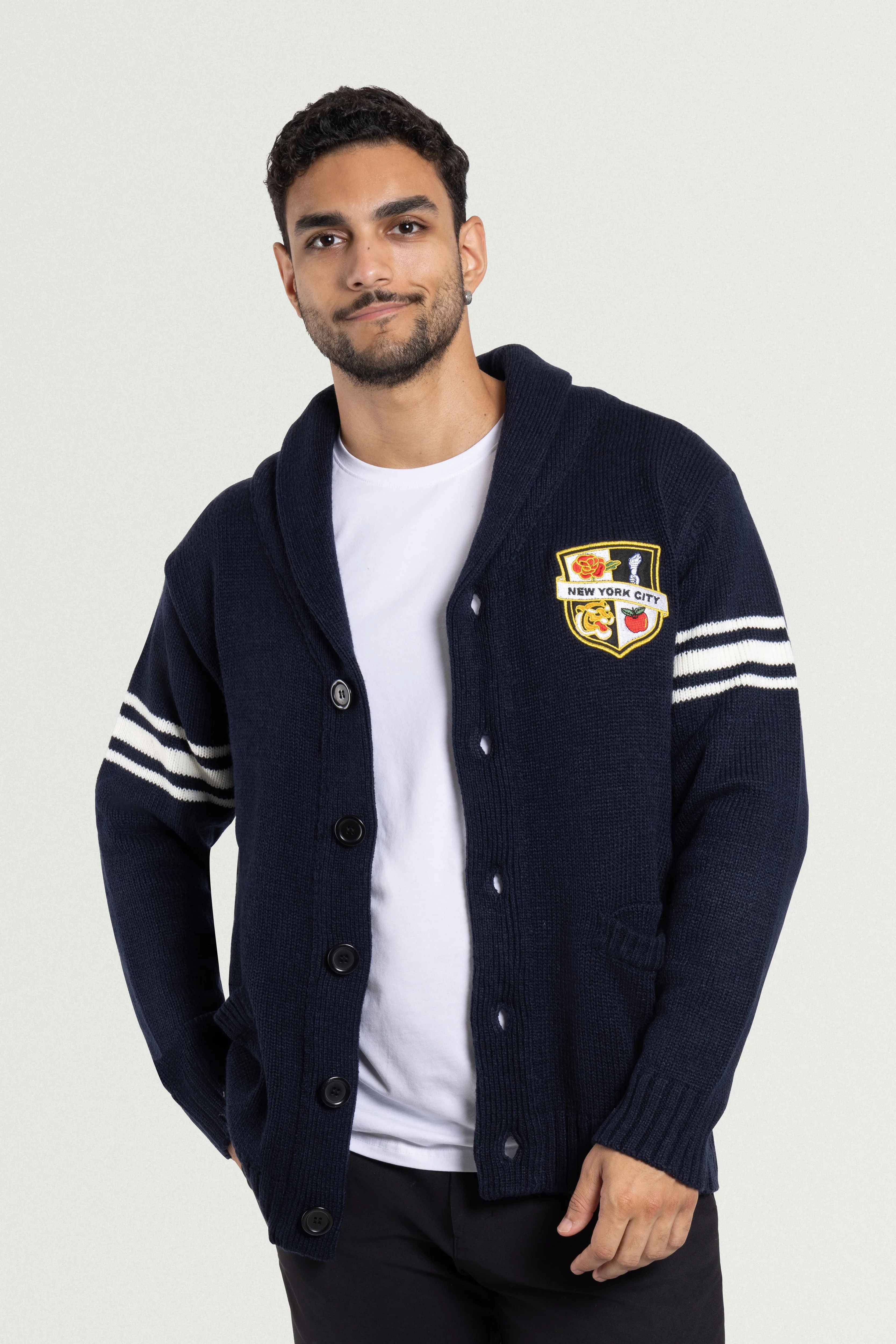 X RAY Men's Shawl Collar Heavy Gauge Cardigan With City Patch