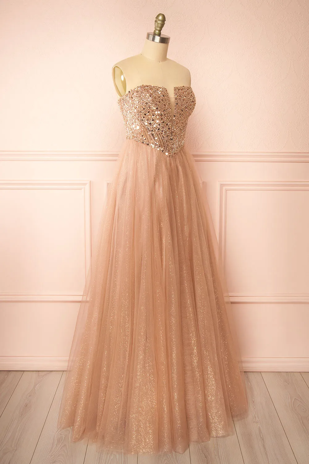 Yeji Taupe | Sparkly Maxi Dress w/ Embroidered Bodice