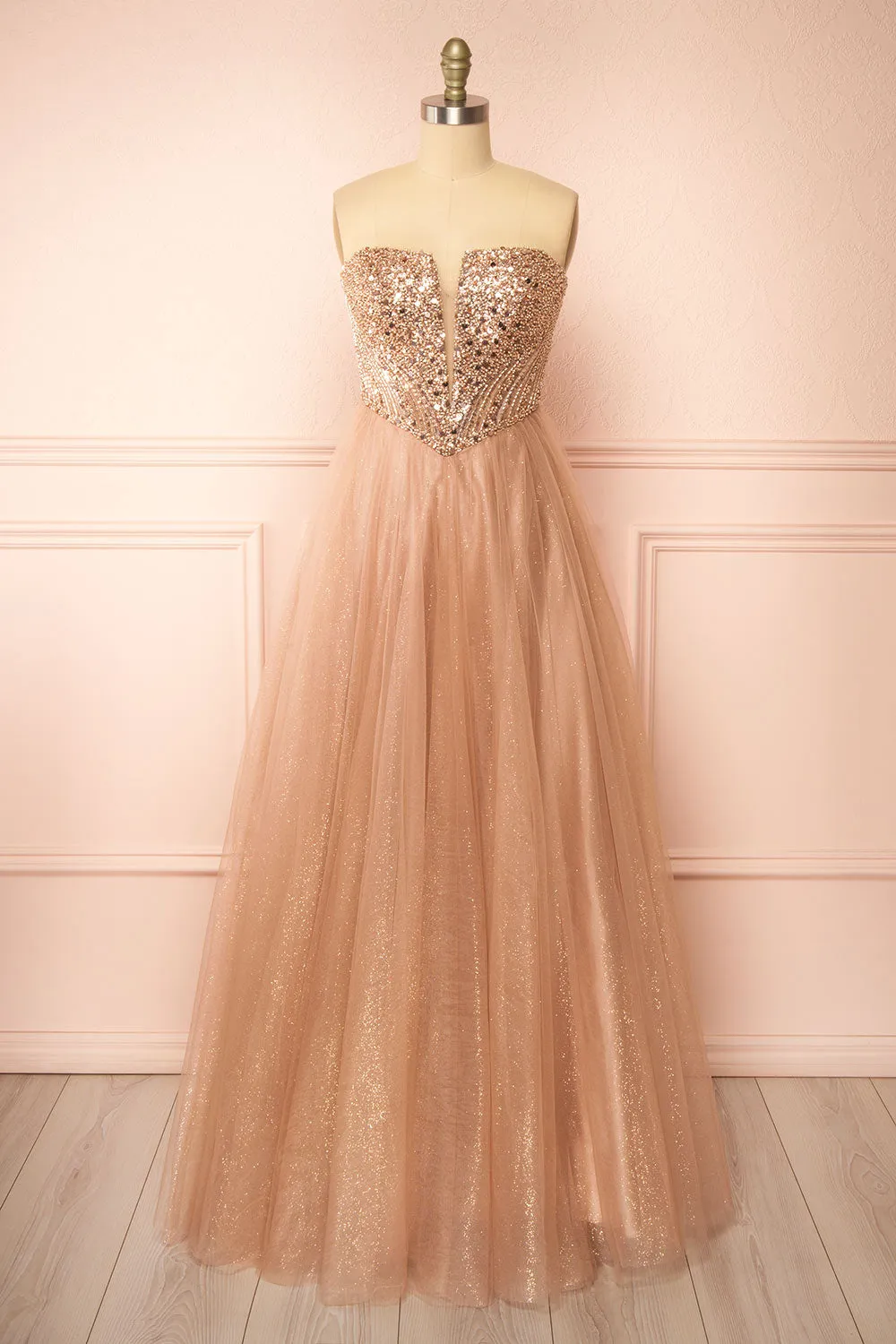 Yeji Taupe | Sparkly Maxi Dress w/ Embroidered Bodice