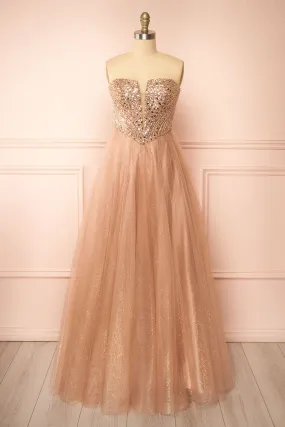 Yeji Taupe | Sparkly Maxi Dress w/ Embroidered Bodice