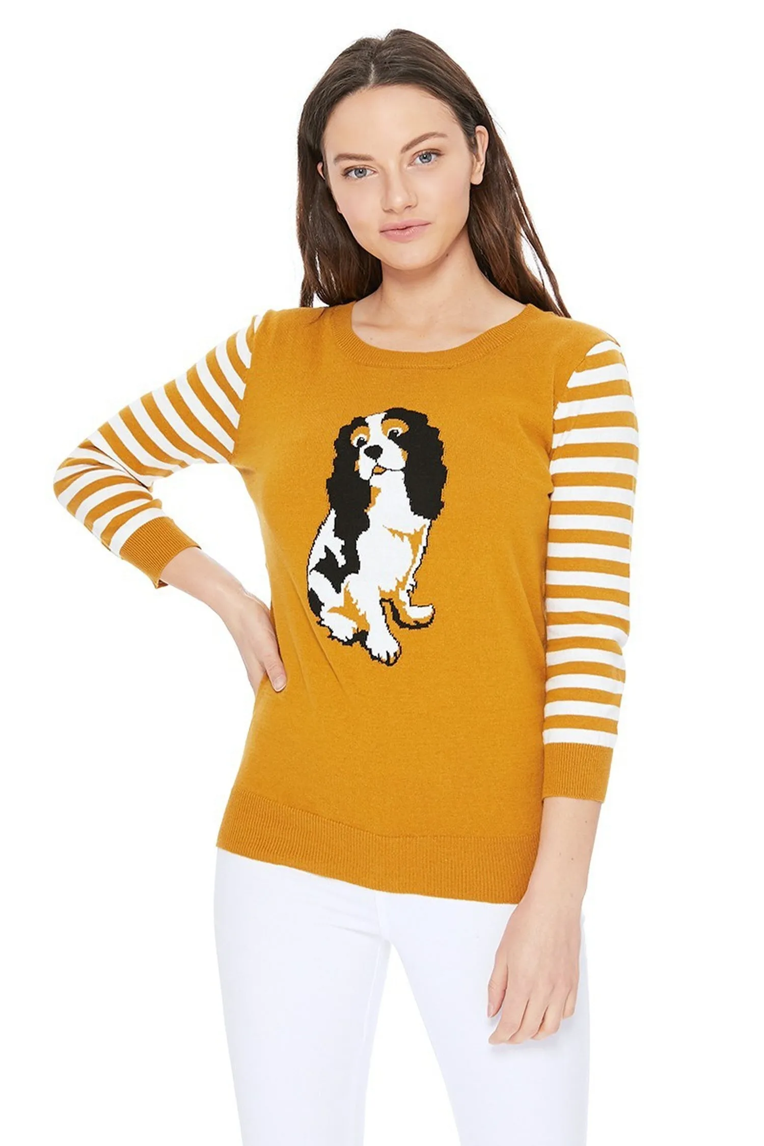 YEMAK Women's King Charles Spaniel Crewneck Jacquard Casual Pullover Sweater MK3199