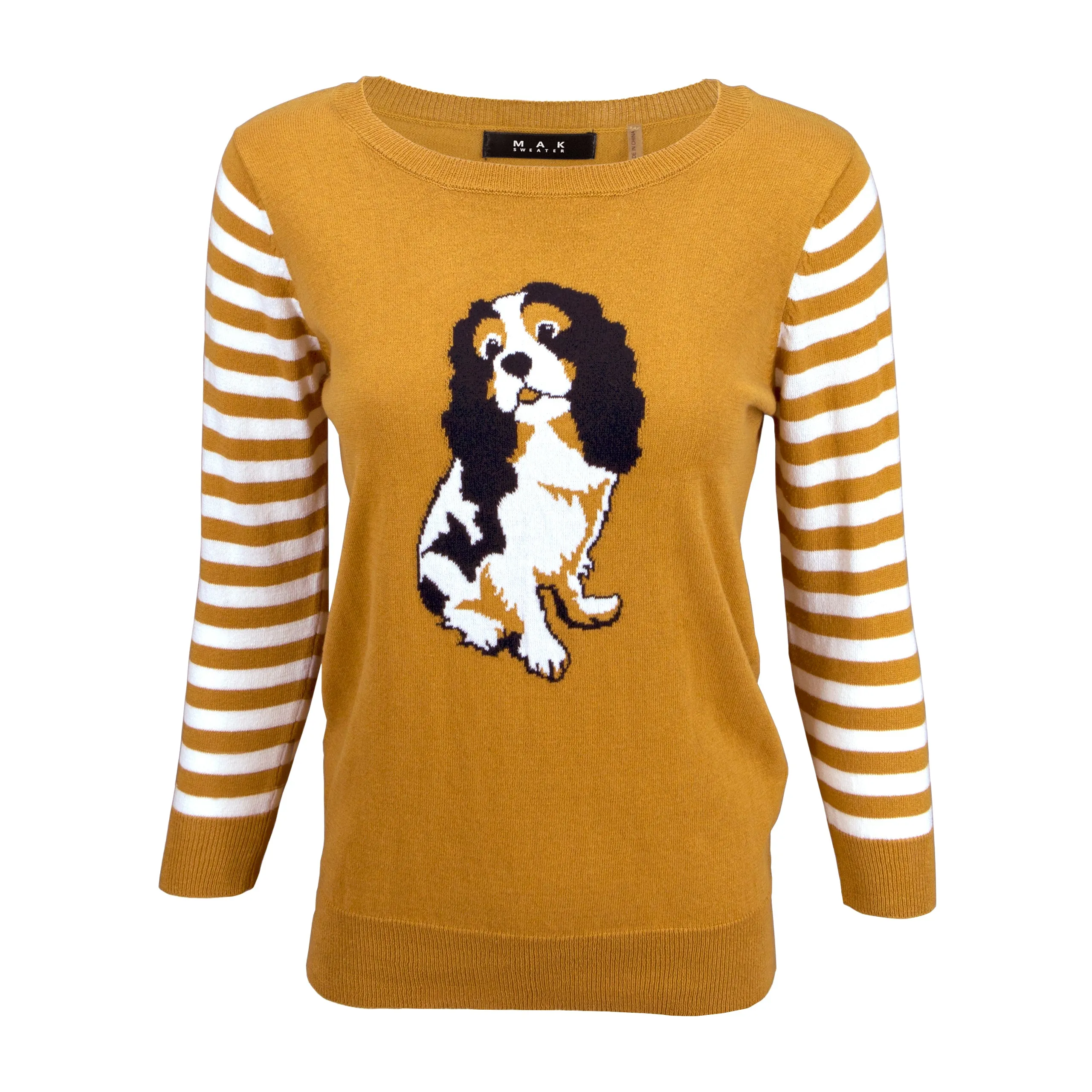 YEMAK Women's King Charles Spaniel Crewneck Jacquard Casual Pullover Sweater MK3199