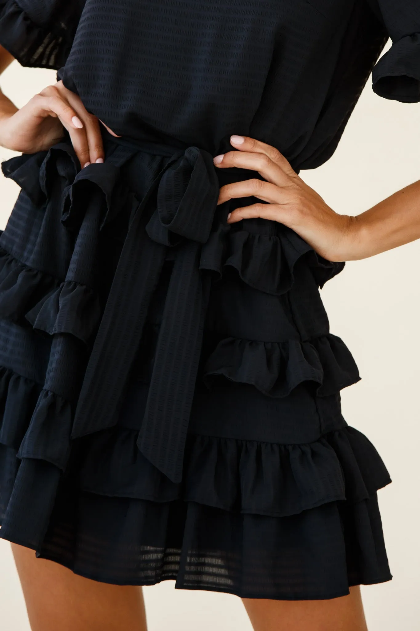 Zipporah Short Sleeve Layered Ruffle Dress Black